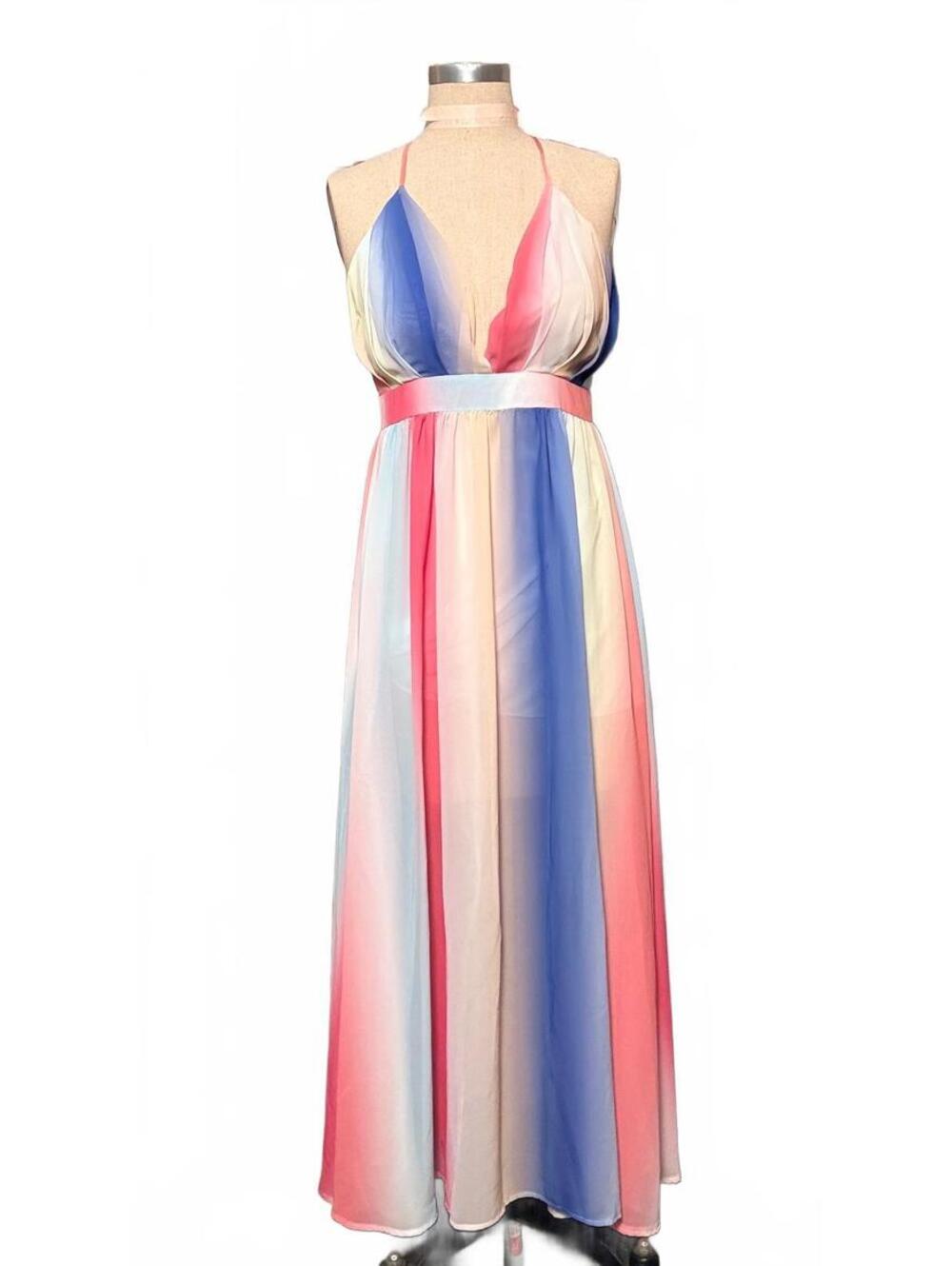 Pastel Rainbow Ombre Chiffon Maxi Dress — Size L